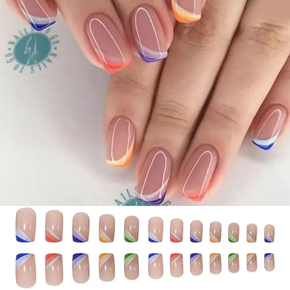 24pcs Short Square Slanted French Rainbow Press On/Fake Nails